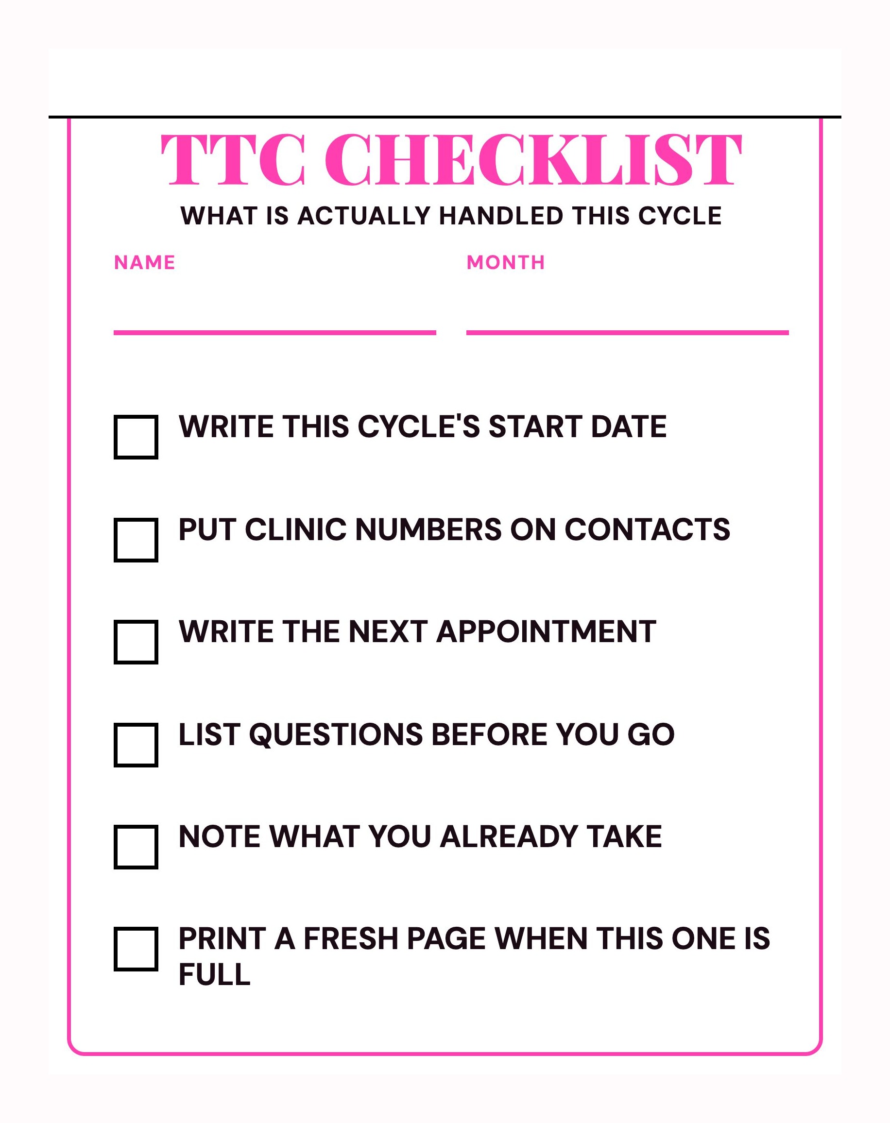 Printable Fertility Toolkit TTC Checklist page with blank fillable check items