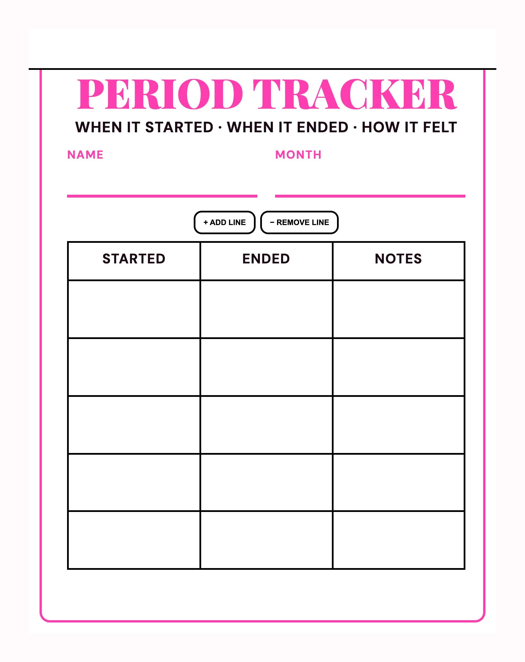 Printable Fertility Toolkit Period Tracker page with an expandable STARTED, ENDED, NOTES table